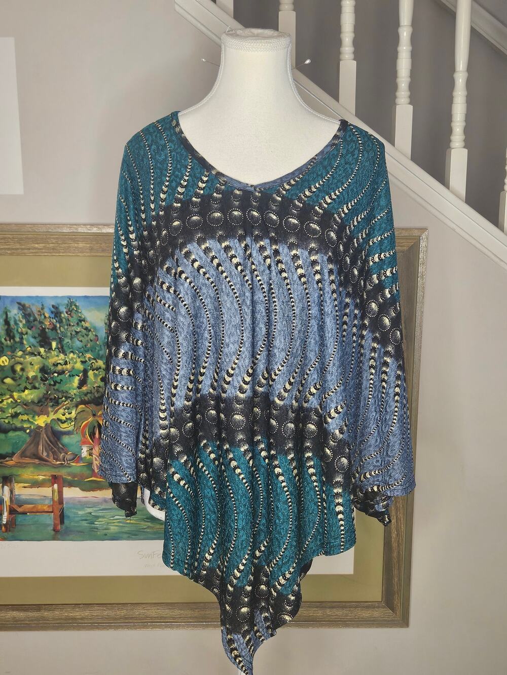 Magic Scarf Co Slinky Travel Top OS Teal Blue Gold Whimsigoth Poncho Blouse -15